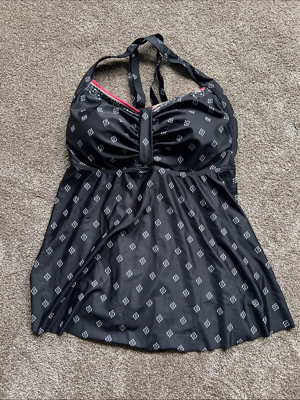 Black Printed Tankini Top with Subtle White Motif
